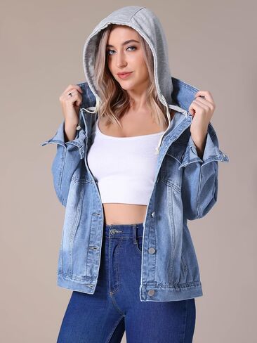 سترات نسائية من الدينيم مع غطاء للرأس وأكمام طويلة وأزرار سفلية وسترة جينز بقلنسوة قابلة للفصل in Kuwait