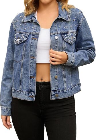 Women's Jean Jackets Trendy Button Down Long Sleeve Pearl Denim Jacket in Saudi Arabia