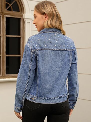 Women's Jean Jackets Trendy Button Down Long Sleeve Pearl Denim Jacket in Saudi Arabia