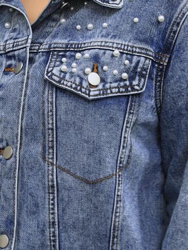 Women's Jean Jackets Trendy Button Down Long Sleeve Pearl Denim Jacket in Saudi Arabia