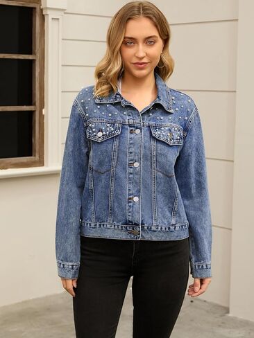 Women's Jean Jackets Trendy Button Down Long Sleeve Pearl Denim Jacket in Saudi Arabia