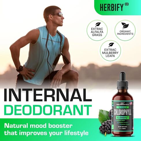 HERBIFY Chlorophyll Drops - Liquid Chlorophyll for Energy Boost & Immune System Support - Made in USA - Organic Chlorophyll Liquid Drops for Body Detox, Internal Deodorant & Enhance Skin - 2 Oz in Kuwait