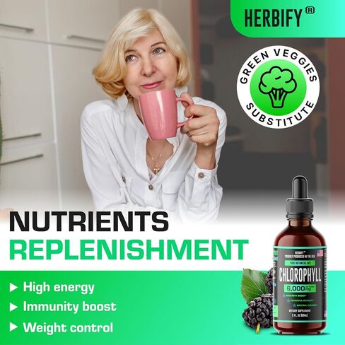 HERBIFY Chlorophyll Drops - Liquid Chlorophyll for Energy Boost & Immune System Support - Made in USA - Organic Chlorophyll Liquid Drops for Body Detox, Internal Deodorant & Enhance Skin - 2 Oz in Kuwait