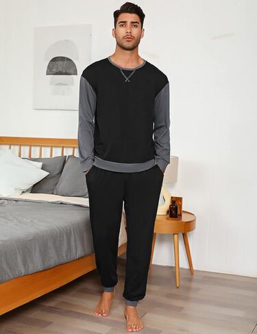 Sykooria Men's Pajamas Set Long Sleeve Cotton Plaid Loungewear Cozy Striped Sleepwear with Pockets 2 Piece Comfy Pjs Set in Kuwait