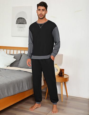 Sykooria Men's Pajamas Set Long Sleeve Cotton Plaid Loungewear Cozy Striped Sleepwear with Pockets 2 Piece Comfy Pjs Set in Kuwait