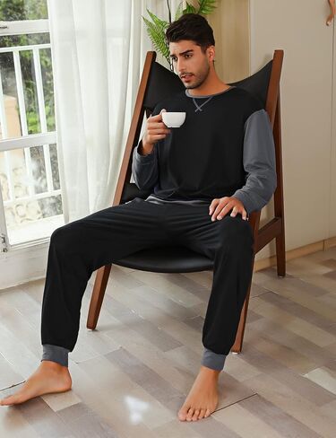 Sykooria Men's Pajamas Set Long Sleeve Cotton Plaid Loungewear Cozy Striped Sleepwear with Pockets 2 Piece Comfy Pjs Set in Kuwait