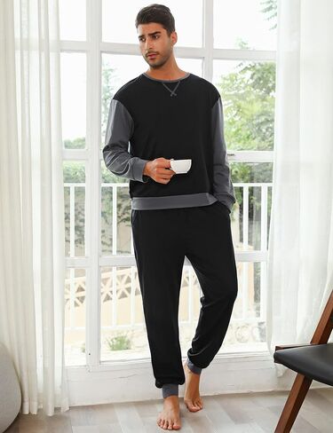 Sykooria Men's Pajamas Set Long Sleeve Cotton Plaid Loungewear Cozy Striped Sleepwear with Pockets 2 Piece Comfy Pjs Set in Kuwait