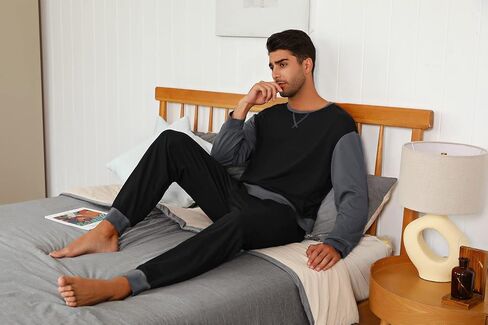 Sykooria Men's Pajamas Set Long Sleeve Cotton Plaid Loungewear Cozy Striped Sleepwear with Pockets 2 Piece Comfy Pjs Set in Kuwait