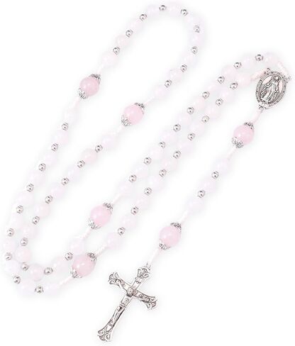 Nazareth Store 8mm White Jade & 10mm Natural Stone Beads Rosary Necklace St. Miraculous Medal & Cross Crucifix Catholic Prayer Beads Religious Jewelry in Saudi Arabia