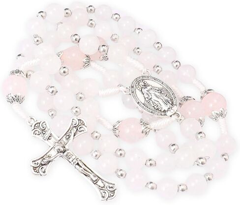 Nazareth Store 8mm White Jade & 10mm Natural Stone Beads Rosary Necklace St. Miraculous Medal & Cross Crucifix Catholic Prayer Beads Religious Jewelry in Saudi Arabia