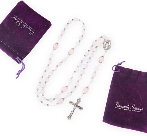 Nazareth Store 8mm White Jade & 10mm Natural Stone Beads Rosary Necklace St. Miraculous Medal & Cross Crucifix Catholic Prayer Beads Religious Jewelry in Saudi Arabia