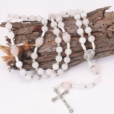 Nazareth Store 8mm White Jade & 10mm Natural Stone Beads Rosary Necklace St. Miraculous Medal & Cross Crucifix Catholic Prayer Beads Religious Jewelry in Saudi Arabia