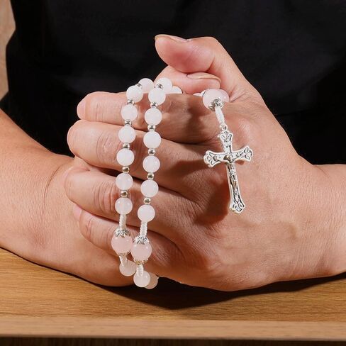 Nazareth Store 8mm White Jade & 10mm Natural Stone Beads Rosary Necklace St. Miraculous Medal & Cross Crucifix Catholic Prayer Beads Religious Jewelry in Saudi Arabia