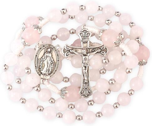 Nazareth Store 8mm White Jade & 10mm Natural Stone Beads Rosary Necklace St. Miraculous Medal & Cross Crucifix Catholic Prayer Beads Religious Jewelry in Saudi Arabia