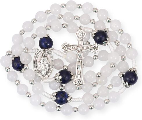 Nazareth Store 8mm White Jade & 10mm Natural Stone Beads Rosary Necklace St. Miraculous Medal & Cross Crucifix Catholic Prayer Beads Religious Jewelry in Saudi Arabia