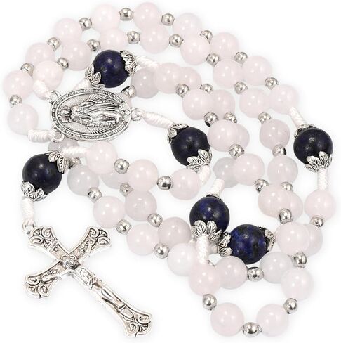 Nazareth Store 8mm White Jade & 10mm Natural Stone Beads Rosary Necklace St. Miraculous Medal & Cross Crucifix Catholic Prayer Beads Religious Jewelry in Saudi Arabia