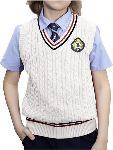 BOBOYOYO Boys Sweater Vest Unisex Cable Knit 100% Cotton Toddler Uniform Vest for Little Big Childrens Kids Teenage Girls in Kuwait