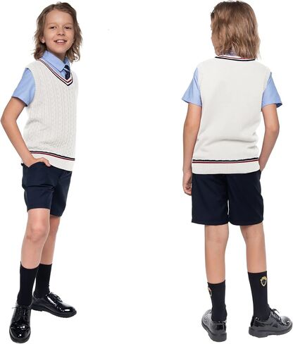 BOBOYOYO Boys Sweater Vest Unisex Cable Knit 100% Cotton Toddler Uniform Vest for Little Big Childrens Kids Teenage Girls in Kuwait