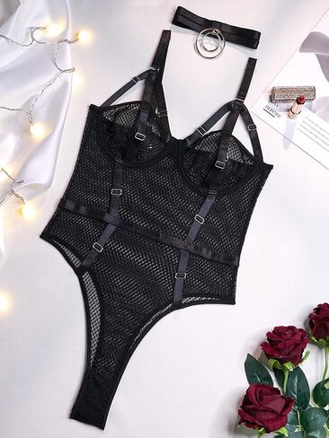 مثير Strappy Underwire شبكة الدانتيل محض الملابس الداخلية تيدي ارتداءها أعلى مجموعة 2 قطعة in Kuwait