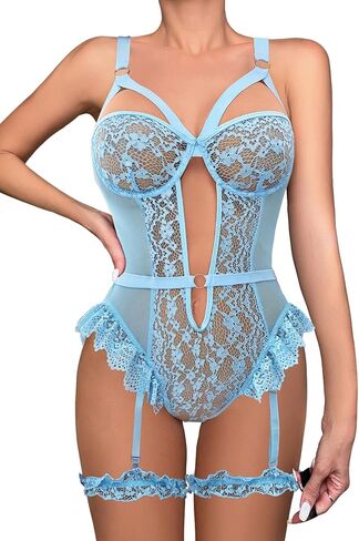 Sexy Strappy Underwire Mesh Lace Sheer Lingerie Teddy Bodysuit Top Set 2 Piece in Saudi Arabia