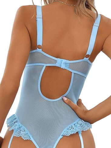 Sexy Strappy Underwire Mesh Lace Sheer Lingerie Teddy Bodysuit Top Set 2 Piece in Saudi Arabia
