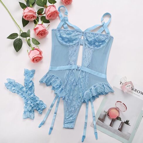 Sexy Strappy Underwire Mesh Lace Sheer Lingerie Teddy Bodysuit Top Set 2 Piece in Saudi Arabia