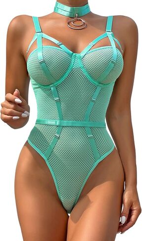 Sexy Strappy Underwire Mesh Lace Sheer Lingerie Teddy Bodysuit Top Set 2 Piece in Saudi Arabia