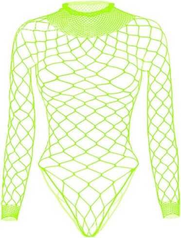 Women Sexy Sparkle Rhinestone Teddy Fishnet Long Sleeve One Piece Bodysuit in Kuwait