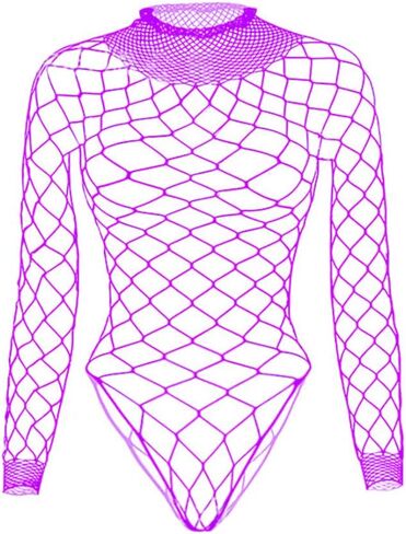Women Sexy Sparkle Rhinestone Teddy Fishnet Long Sleeve One Piece Bodysuit in Kuwait