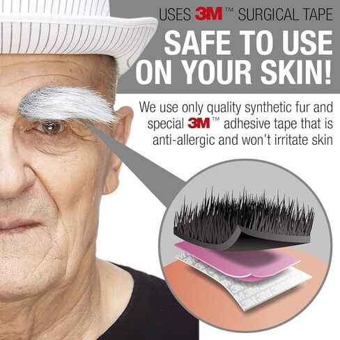 شوارب حواجب وهمية ذاتية اللصق، مبتكرة، حواجب كثيفة وشعر وجه صناعي مزدوج الجوانب 3M لاصق طبي ذاتي اللصق للحى المزيفة، رمادي مع لون أبيض in Kuwait