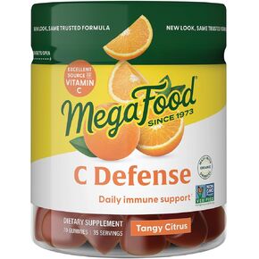 MegaFood C Defense Daily Immune Support Supplement - Chewable Vitamin C Gummies, Tangy Citrus Flavor, Made with Real Food Like Orange & Cranberry, Vegan, Gluten-Free - 70 Gummy Vitamins, 35 Servings