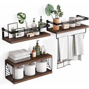 Fixwal 3+1 Bathroom Shelves Over Toilet, Floating Shelves Wall Mounted with Metal Frame and Towel Bar for Bathroom, Kitchen, Bedroom, Living Room (Rustic Brown)