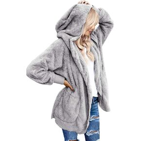 LookbookStore Womens Cardigan 2024 Winter Oversized Open Front Fleece Hooded Draped Pockets Jacket Coats in Kuwait