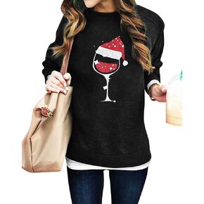 SUPEYA Women Red Wine Glass Christmas Sweatshirt Funny Christmas Pullover Xmas Santa Hat Graphic Blouse Tshirt Tops