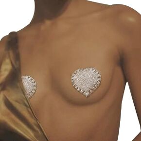 2Pcs Sexy Rhinestone Heart Pendant Nipple Pasties Body Chain Tassel Rhinestone Nipple Cover Sticker Crystal Chest Nipple Invisible Stickers Party Rave Jewelry for Women (Silver)