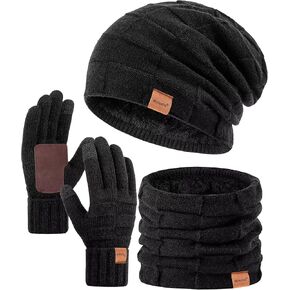 Mens Hat Scarf and Gloves Set Winter, Thermal Fleece Lined Slouchy Beanie Neck Scarves Touchscreen Gloves, 3 in 1 Warm Set