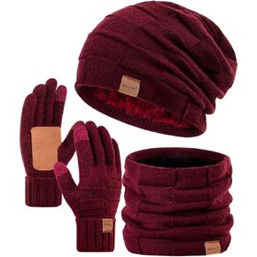 Mens Hat Scarf and Gloves Set Winter, Thermal Fleece Lined Slouchy Beanie Neck Scarves Touchscreen Gloves, 3 in 1 Warm Set