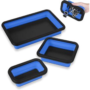 3 Pack Magnetic Parts Tray Set, Different Size Collapsible Tool Trays for Storage Organizer Screw, Bolts, Nuts, Washers, Pins & Other Small Metal Parts-Tool Gifts for Men(Blue)