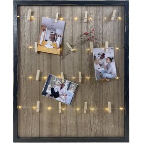 Clip Picture Frame with LED Fairy Lights, Solid Wood Frame with Wooden Clothespins to Hang Photos, Cute Accents, and Mementos, Vintage Home Decor, 15.75" x 19.25"(White)