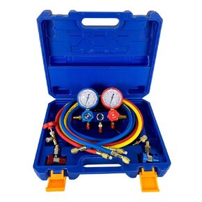 Professional AC Manifold Gauge Set with Freon Recharge Kit - 3-Way HVAC Gauges for R134a, R32, R410a, R404a Systems