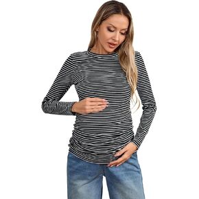 OYOANGLE Women's Maternity Shirts Striped Long Sleeve Top Casual Pregnancy T-Shirt Tshirt