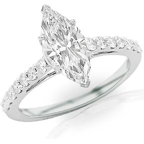 1.5 Ctw Marquise Cut Classic Graduating Pave Set 14K White Gold Diamond Engagement Ring (J-K Color I1-I2 Clarity 1 Ct Center)