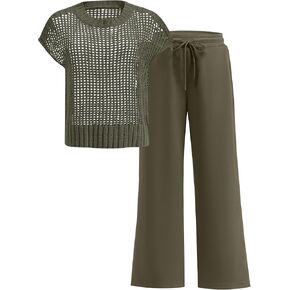 ANRABESS Women Two Piece Outfits Crochet Sheer Knit Sweater Top Wide Leg Pants Lounge Matching Sets Sweatsuit Travel Clothes in Kuwait