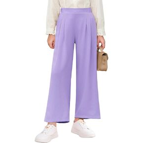 Haloumoning Girls High Waisted Uniform Pants Kids Wide Leg Dress Pants Casual Trousers with Pockets 5-14 Years