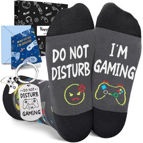 Gamer Gifts For Men - Funny Gamer Stocking Stuffers For Teen Boys, Gaming Socks Video Game Socks for Adults with Greeting Card and Keychain