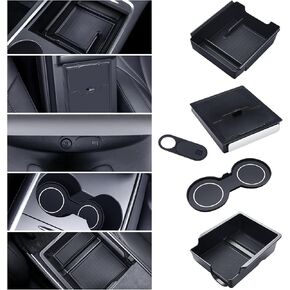 5Pcs Center Console Organizer Tray for 2023 2022 2021 Model 3 Model Y Interior Accessories with Non-Slip Mat Cup Holder Insert Mat, Matte Black