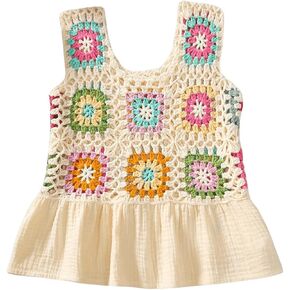 Floerns Girl's Vacation Sleeveless Crochet Knit Flare Hem Tank Top