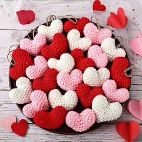 24 Pcs Valentine's Day Ornaments Knitted Crochet Heart Ornaments Handmade Tree Decoration Heart Bauble Fillers Valentine Gift Ideal for Christmas Tree Party Home Decor(Red)