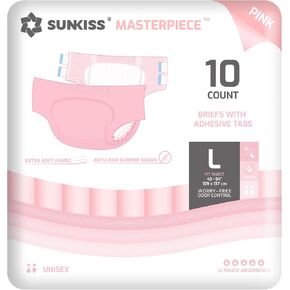 SUNKISS Masterpiece Adult Diapers with Tabs, Unisex Disposable Incontinence Briefs for Women and Men, Odor Control, White, Medium, 10 Count