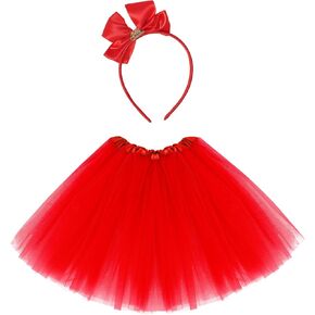 Red Christmas Tutu Skirt with Bow Headband Christmas Costume Festival Outfit Elastic 3 Layer Tulle Skirt for Xmas Party